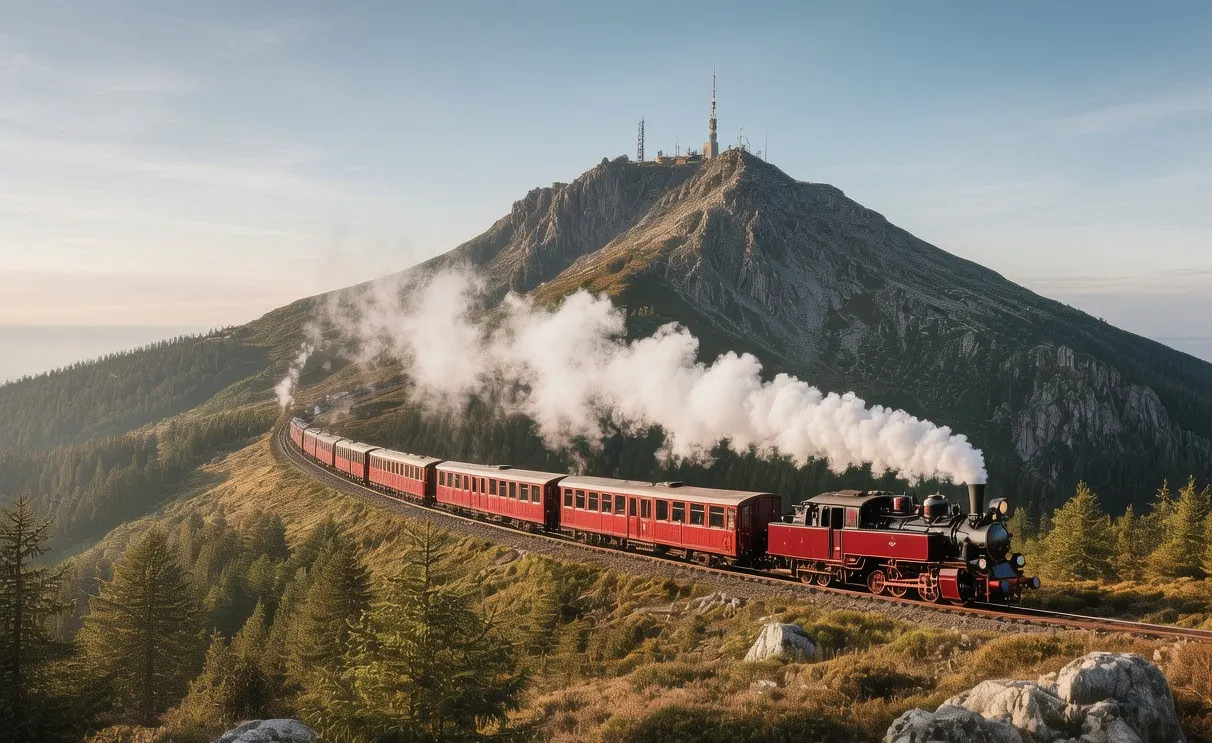 Brocken Mountain summit at sunrise with steam train, granite rocks, misty Harz forest, and radio tower in Germany