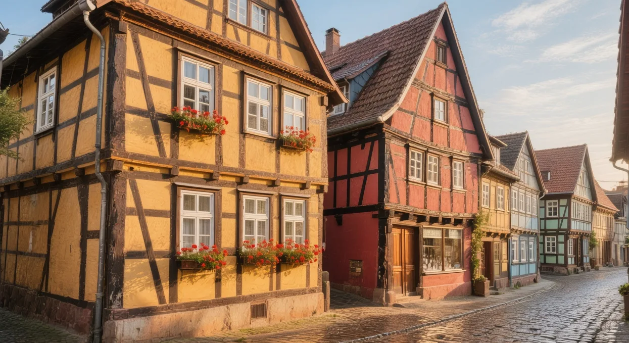 Wernigerode colorful half-timbered houses at sunrise with Harz Mountains mist and cobblestone streets in Germany