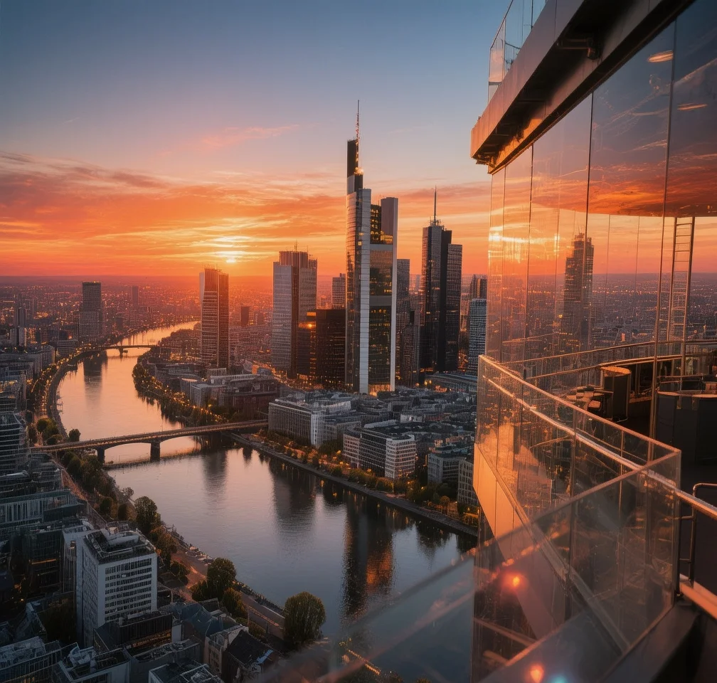 Main Tower observation deck at sunset with Frankfurt skyline, glass facade, and Main River reflection in Germany