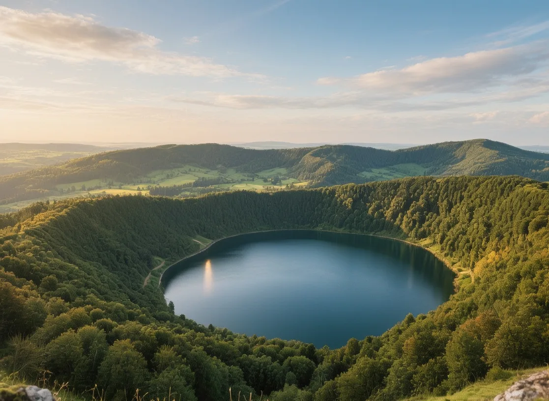 Eifel volcanic lakes at sunrise with emerald green water, crater rims, and misty Vulkaneifel forest in Germany