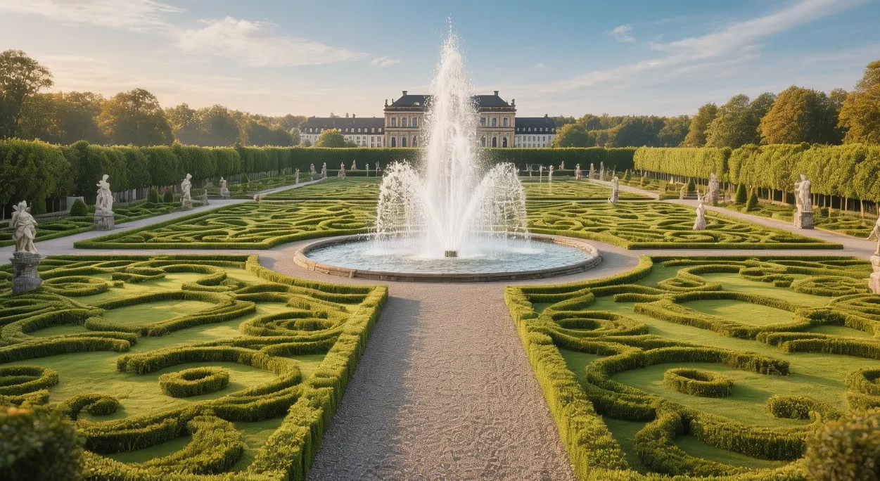 Hanover Herrenhausen Gardens Great Fountain at sunset with baroque parterres, palace ruins, and golden light in Germany