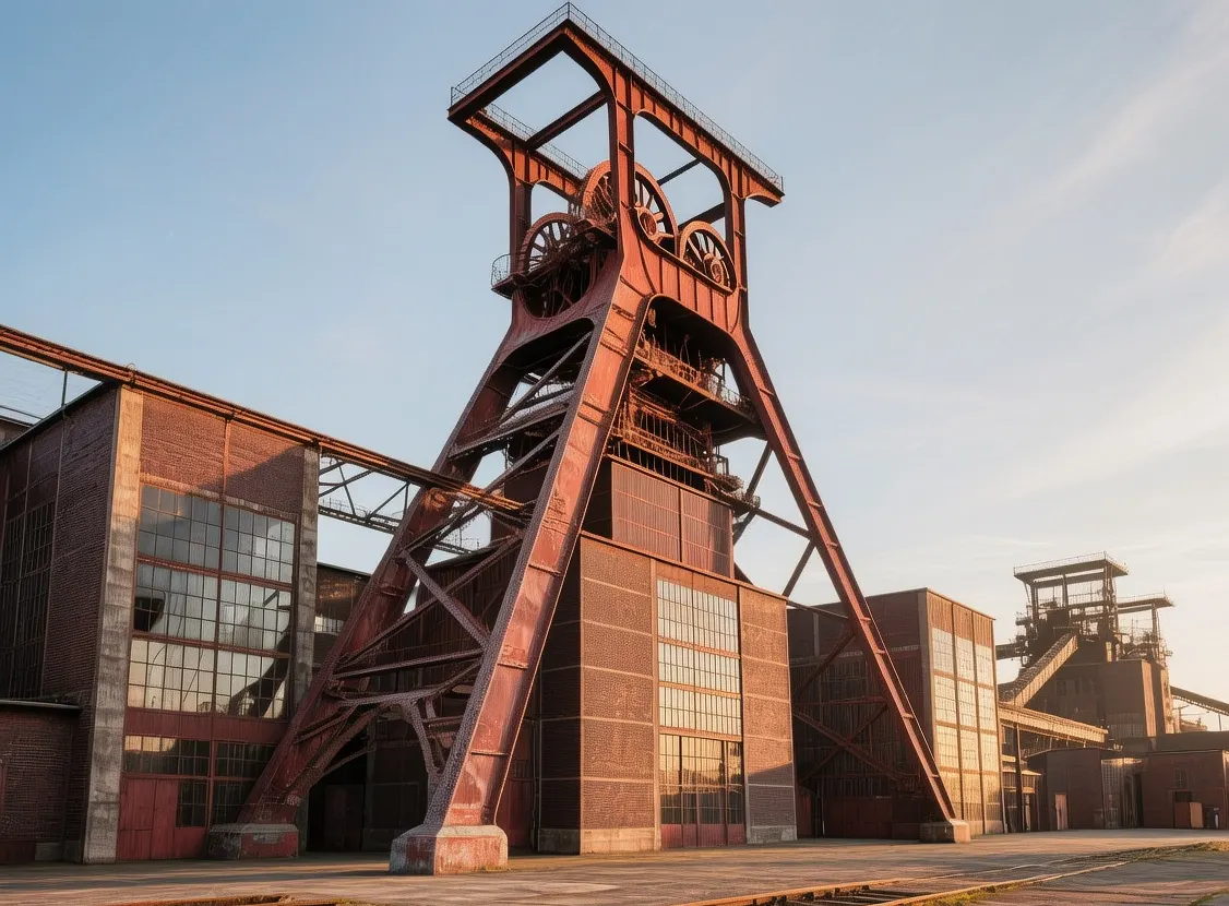 Essen Zollverein Coal Mine red steel towers at sunrise with industrial architecture, coal wash plant, and morning mist in Germany