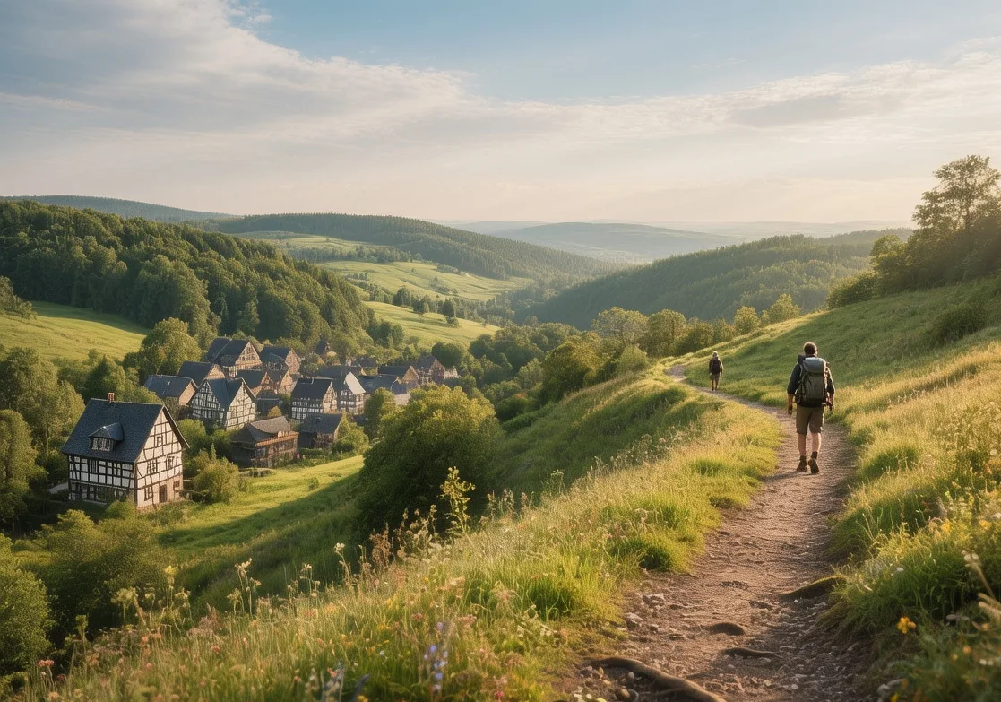 Bergisches Land hiking trails at sunrise with dense beech forest, winding path, and morning mist in Germany