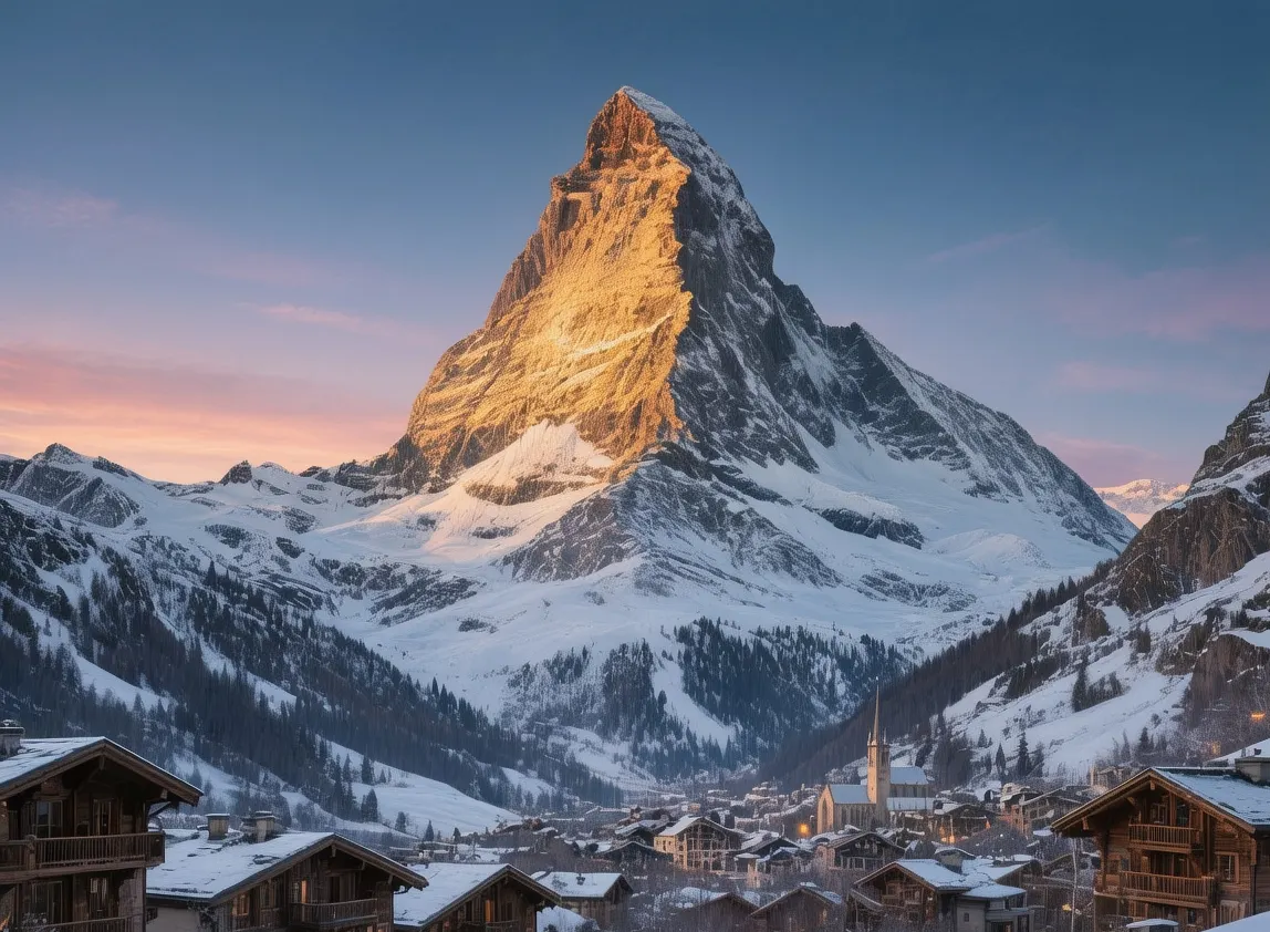 Matterhorn pyramid peak at sunrise with Zermatt village, alpine snow, and golden light in Switzerland