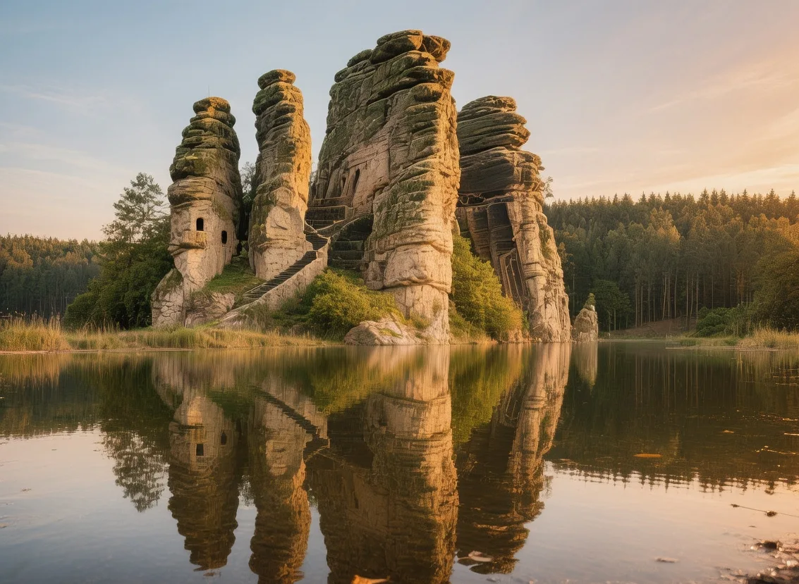 Externsteine rock formation at sunrise with sandstone pillars, Teutoburg Forest, and morning mist in Germany