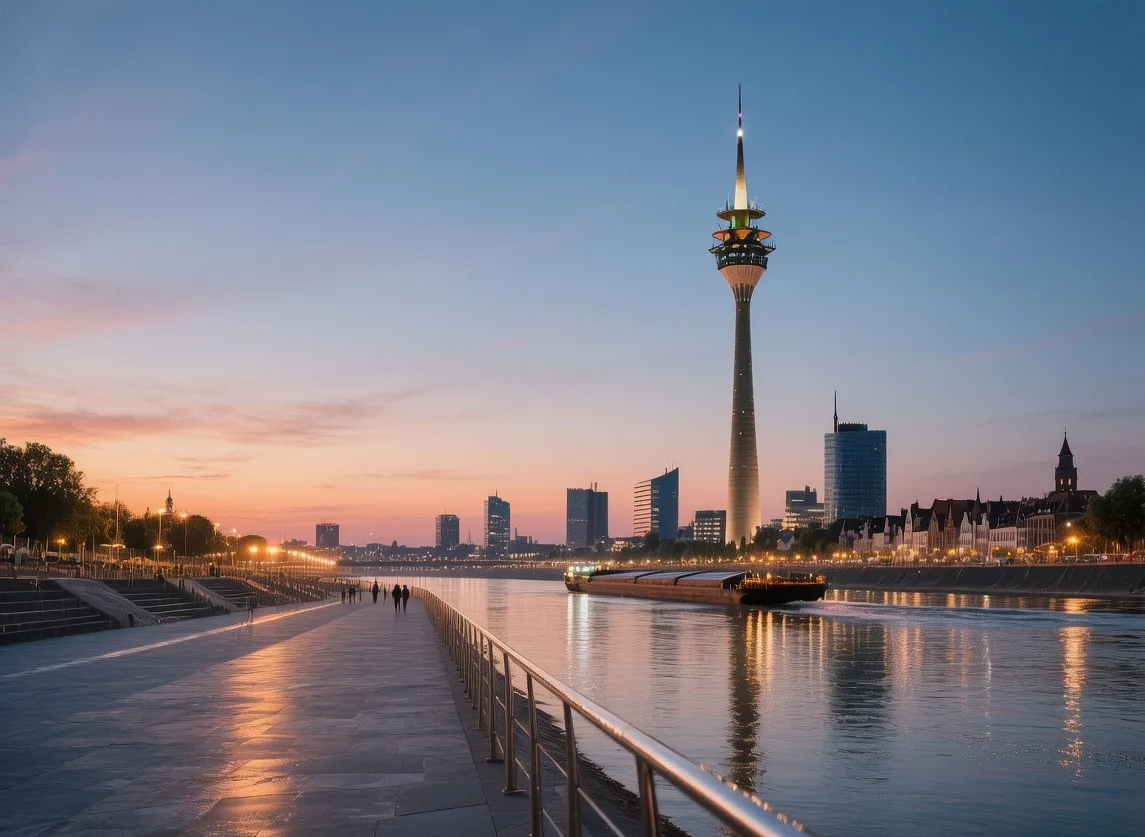 Düsseldorf Rhine Promenade at sunset with modern skyline, river boats, and pedestrians in North Rhine-Westphalia Germany