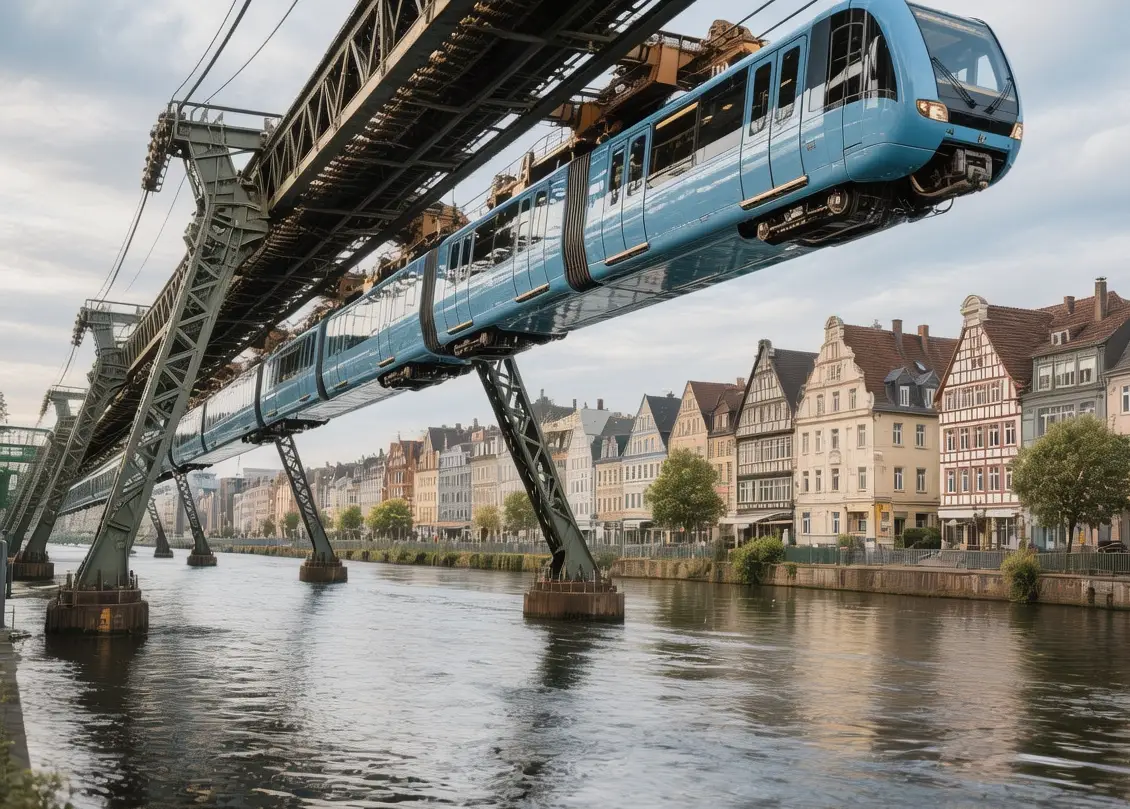 Wuppertal suspension railway train at sunset with steel tracks, Wupper River, and urban skyline in Germany