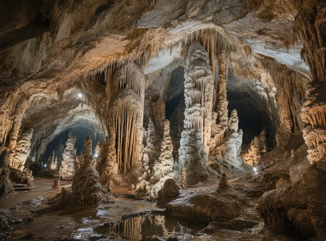 Sauerland caves underground chamber at dusk with stalactites, limestone formations, and guided tour lights in Germany