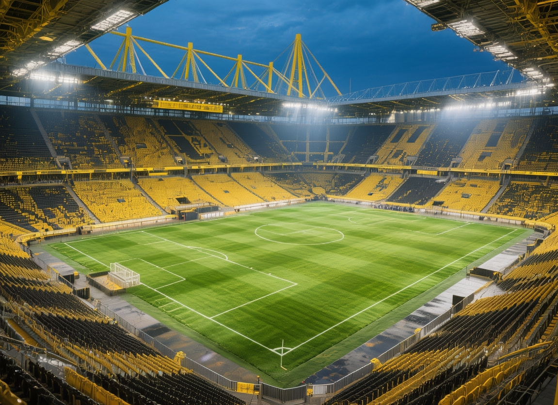 Signal Iduna Park stadium at night with yellow fans, floodlights, and electric atmosphere in Dortmund Germany