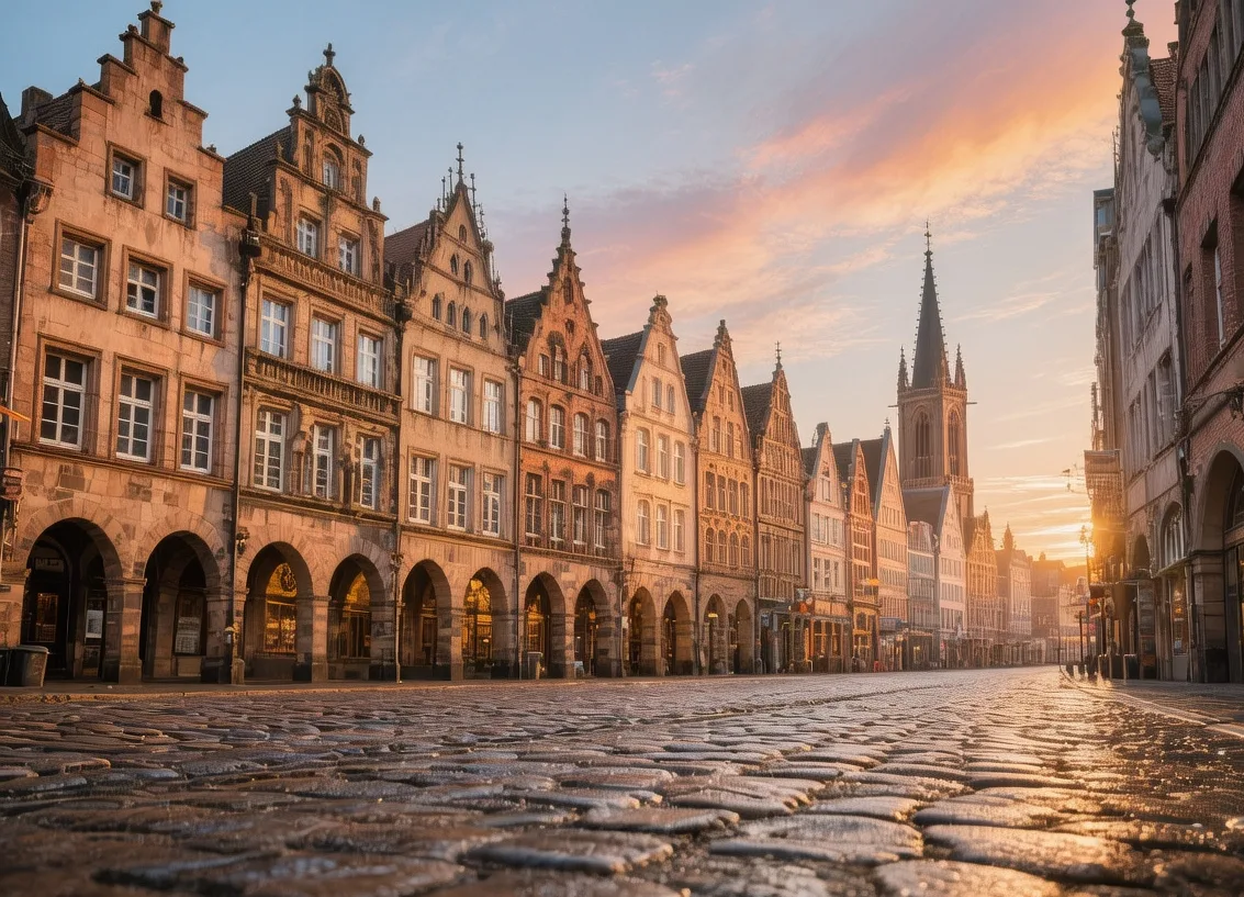 Münster old town Prinzipalmarkt at sunrise with historic gabled houses, St. Lamberti church, and cobblestone streets in Germany