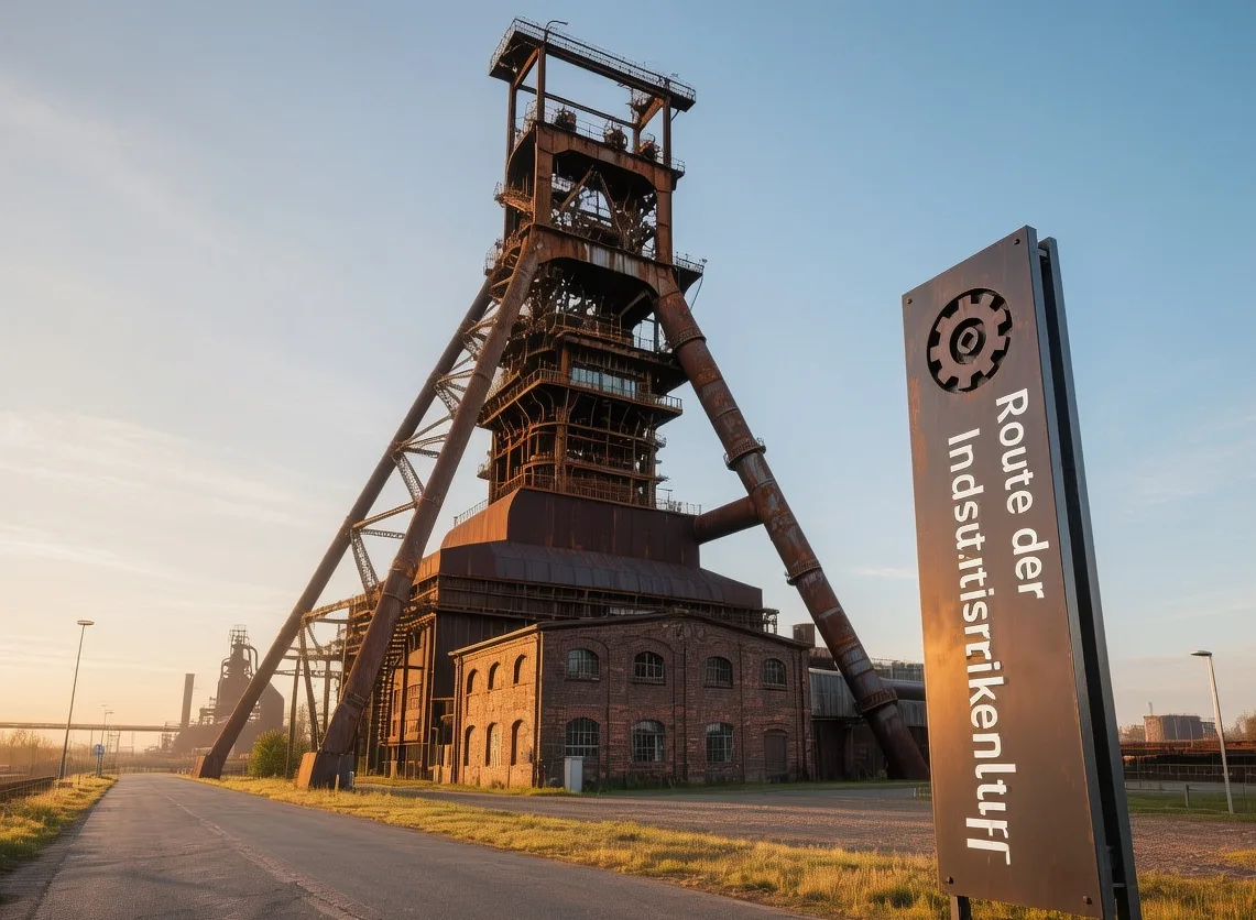Ruhr industrial heritage gasometer at sunset with red steel structure, green parkland, and urban skyline in Germany
