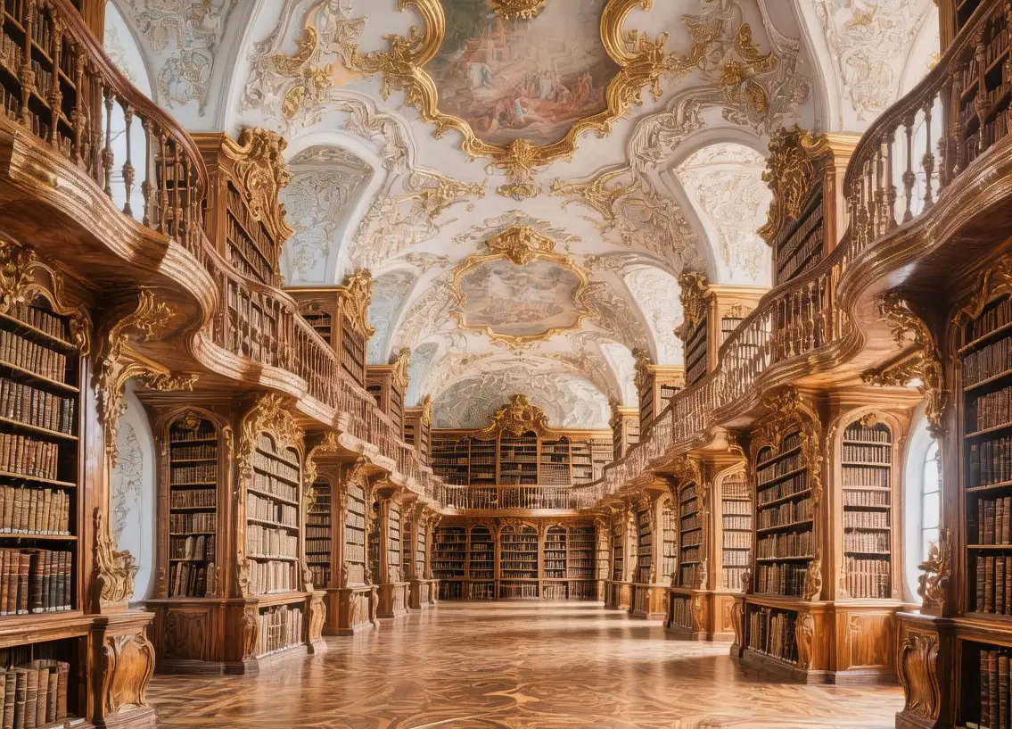 St. Gallen Abbey Library rococo hall with wooden galleries, frescoes, ancient manuscripts, soft morning light filtering through windows