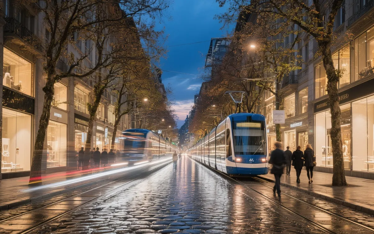 Bahnhofstrasse Zurich at dusk with tram lights, luxury storefronts, chestnut trees, pedestrians walking on cobblestones, evening atmosphere
