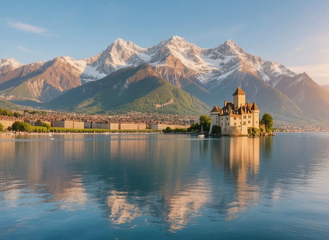 Lake Geneva Montreux promenade at sunrise with flower beds, Alpine mountains, and calm water in Switzerland