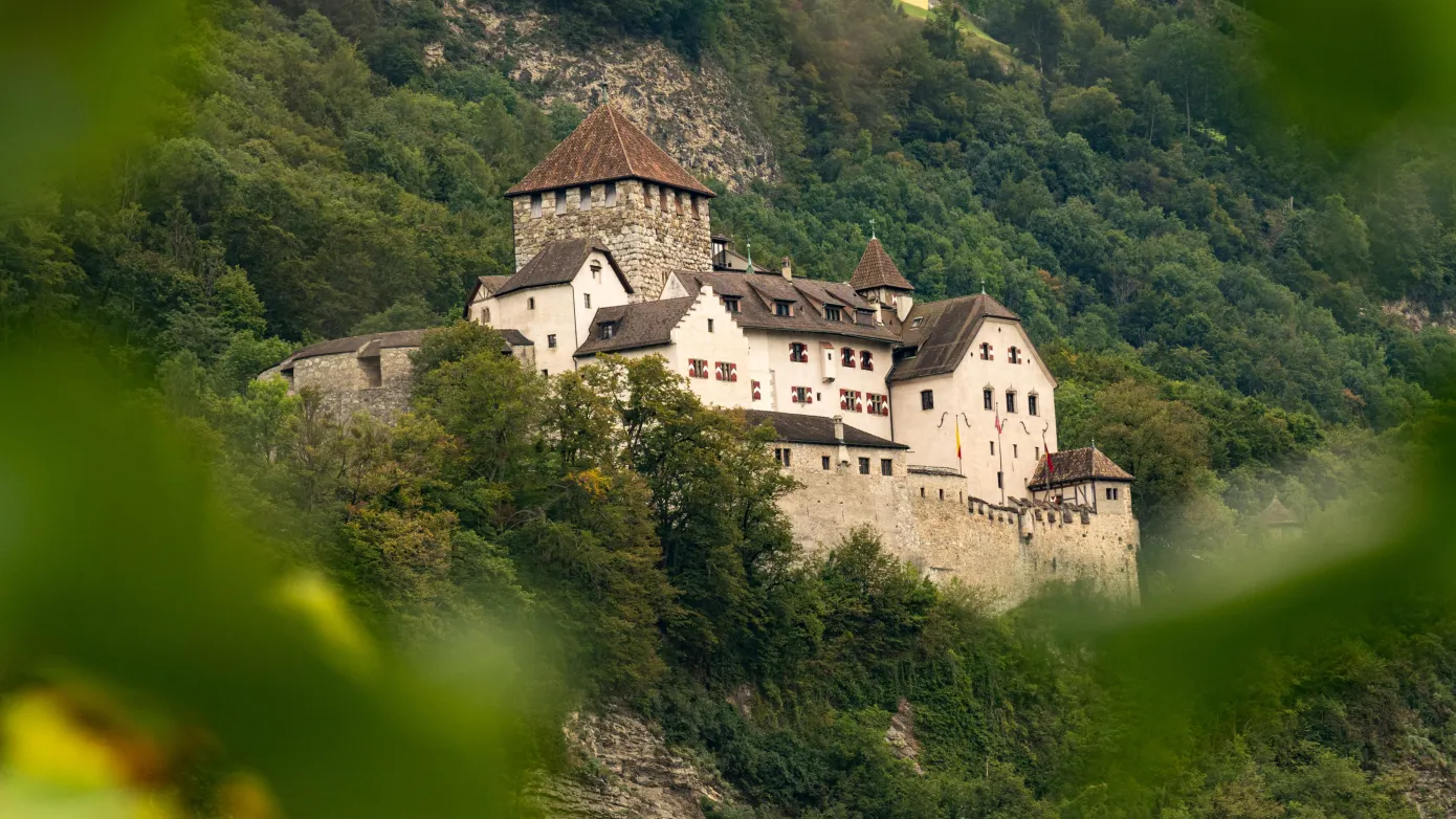 Vaduz Castle perched on hillside overlooking Rhine Valley, historic stone fortress, Liechtenstein capital, golden hour light, Alpine backdrop