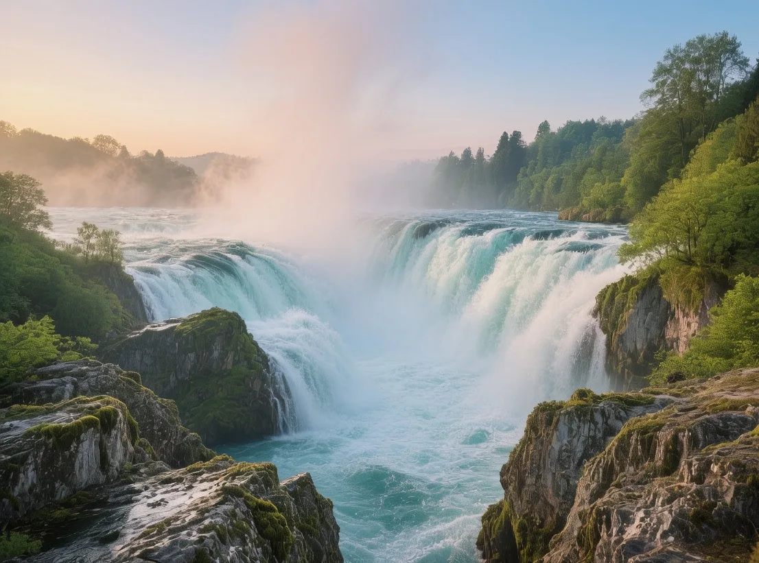 Rhine Falls waterfall at sunrise with misty spray, rocky outcrops, and lush greenery in Switzerland