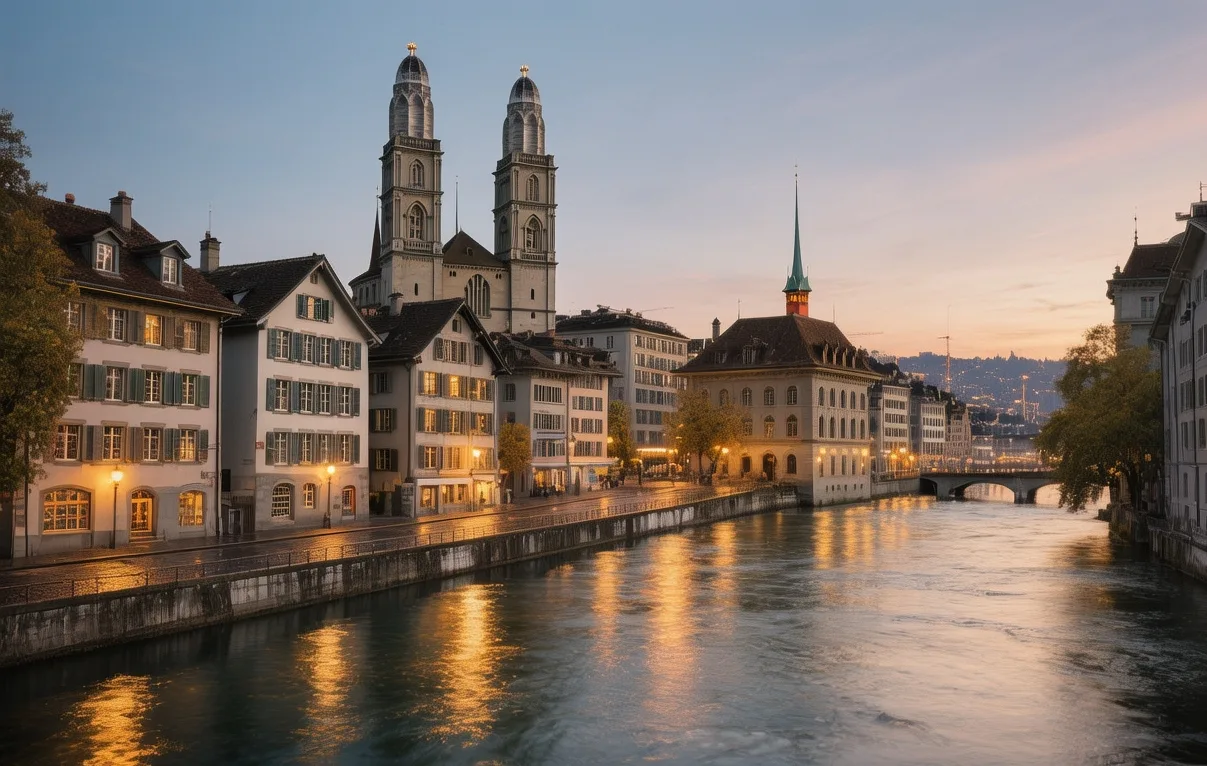 Zurich Old Town cobblestone streets at dusk with Limmat River, historic guild houses, Grossmünster towers, golden evening light reflecting on water