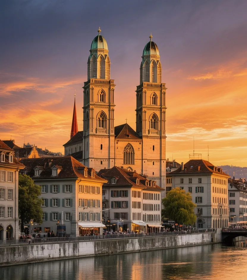Grossmünster church twin towers at sunset over Limmat River, Zurich Old Town, Romanesque architecture, golden hour light reflecting on water