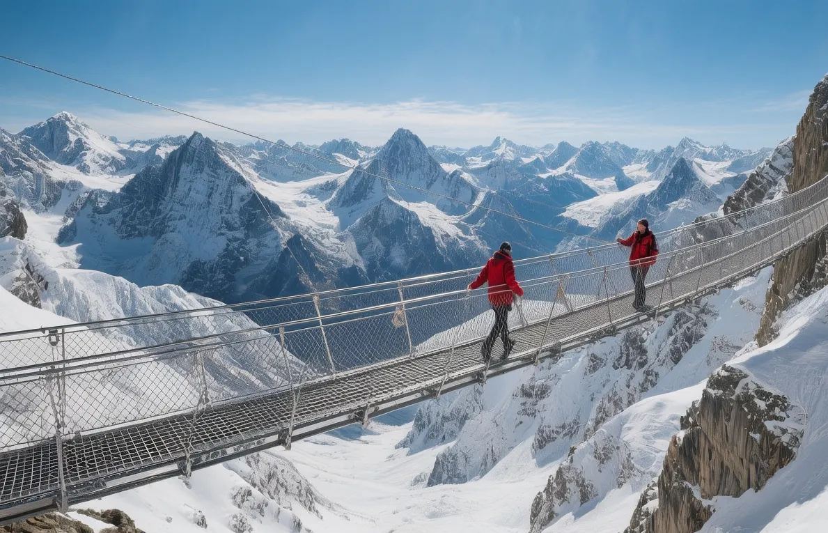 Titlis Cliff Walk suspension bridge at 3041 meters with snow-capped Alps, visitors walking on metal grate, dramatic mountain panorama, clear blue sky