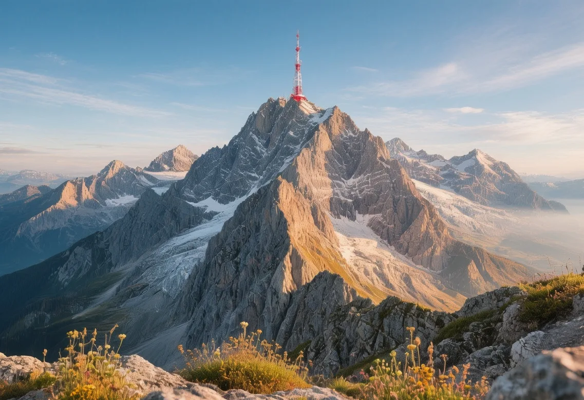 Säntis mountain summit panorama with snow-capped Alps, six countries visible, cable car station, clear blue sky, dramatic rocky peaks
