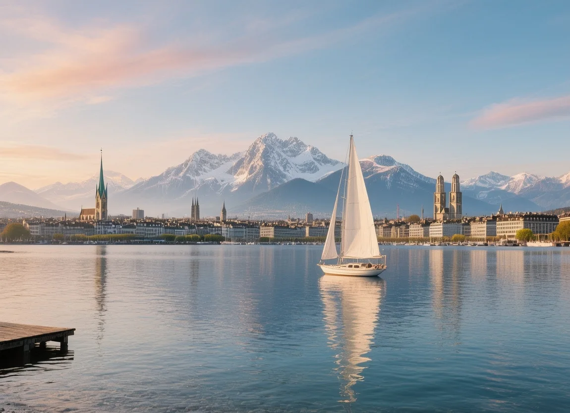Lake Zurich sunset with snow-capped Alps, historic paddle steamer, Zurich skyline backdrop, golden hour light reflecting on water