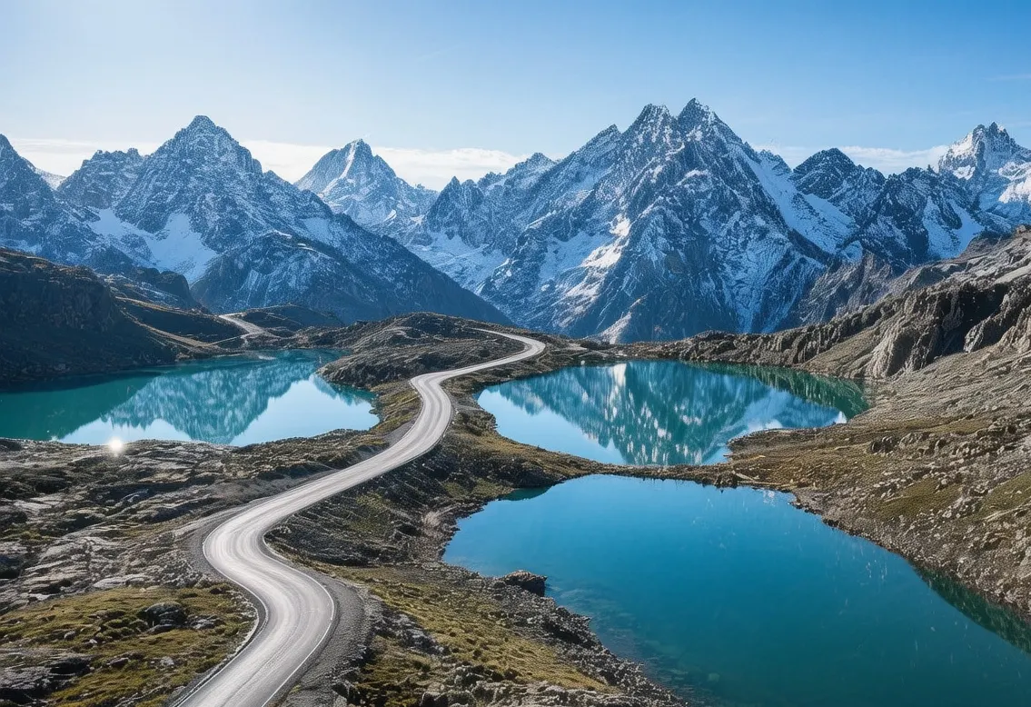 Grimsel Pass summit road winding through high Alpine landscape, glacial lakes, Swiss mountains, clear blue sky, dramatic scenery