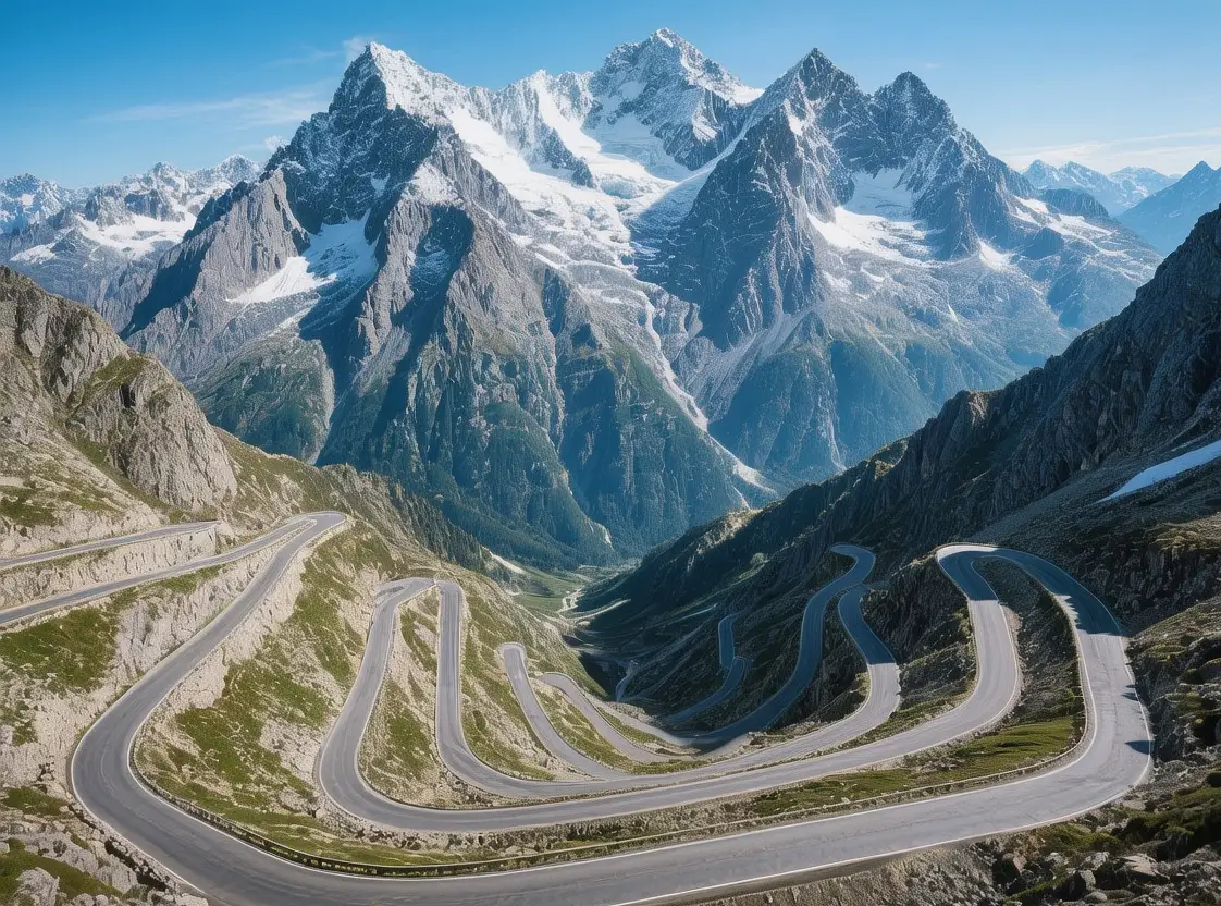 Furka Pass winding road at summit with snow-capped Alps, historic hairpin turns, Swiss mountains, clear blue sky, dramatic landscape