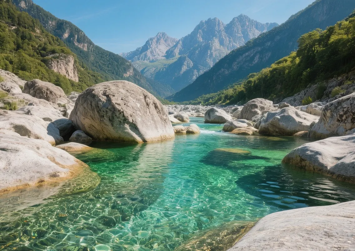 Verzasca Valley emerald pools with turquoise water, granite boulders, Ticino Alps backdrop, sunlight filtering through crystal-clear river