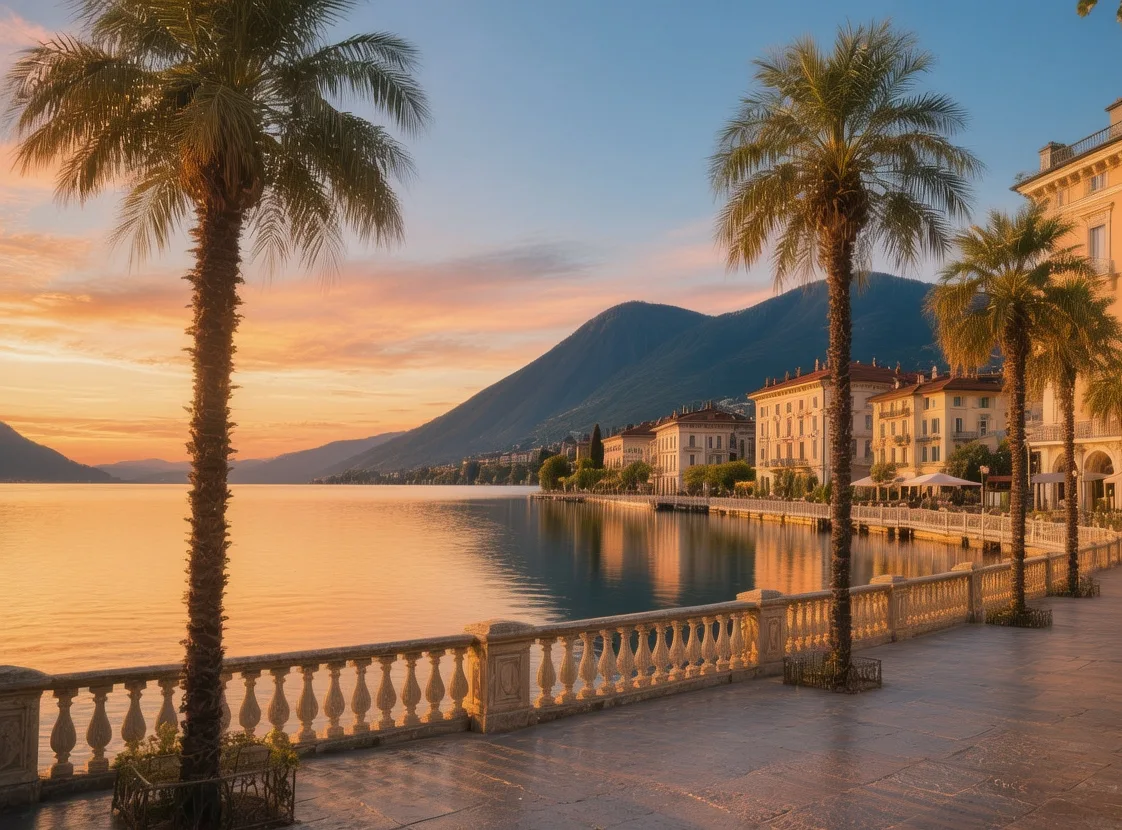 Lugano lakeside promenade at sunset with palm trees, Monte Brè backdrop, calm water reflecting golden light, Swiss Italian architecture