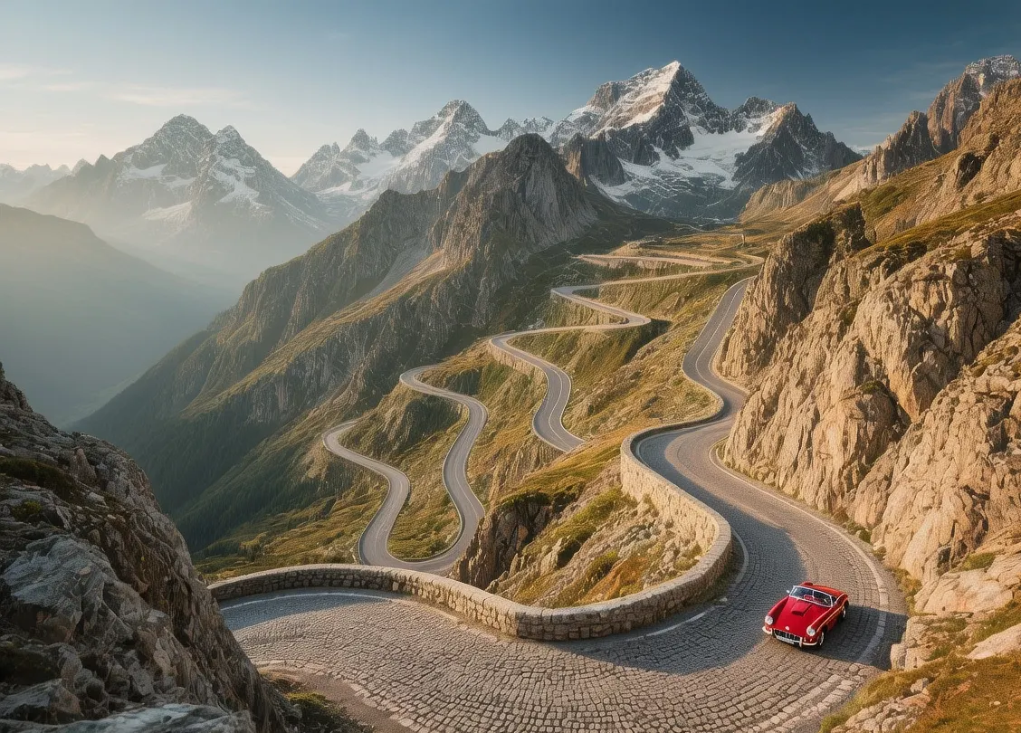 Gotthard Pass summit road winding through Alpine peaks, historic cobblestone Tremola, Swiss mountains, clear blue sky, dramatic landscape