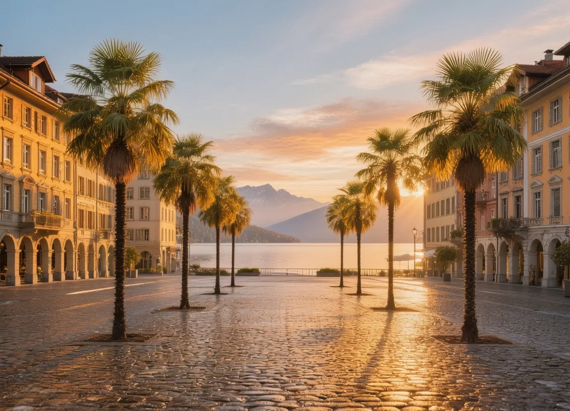 Locarno palm trees lining Piazza Grande at sunset, Lake Maggiore backdrop, Swiss Ticino architecture, golden hour light reflecting on cobblestones