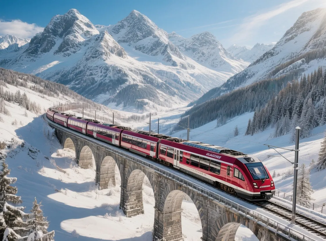 Glacier Express red train at sunrise with panoramic windows, snowy Alps, and Oberalp Pass in Switzerland