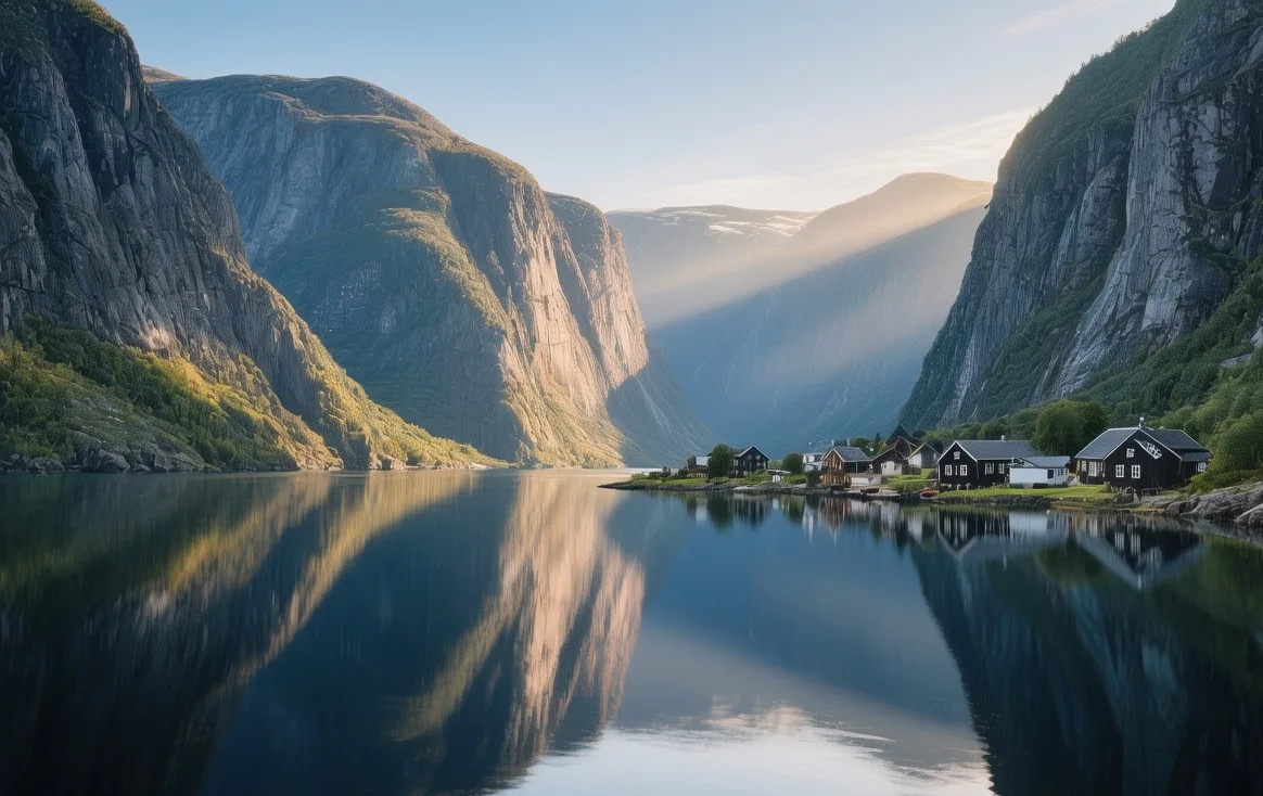Nærøyfjord narrow UNESCO site with steep cliffs, deep blue water, small village of Bakka, Norway morning sunlight