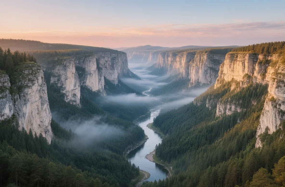 Rhine Gorge Swiss Ruinaulta at sunrise with limestone cliffs, Vorderrhein river winding below, pine forests on steep slopes, Graubünden morning mist