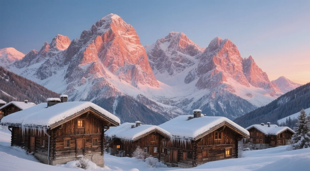 Snow-covered wooden chalets in Klosters village at golden hour, with the Silvretta Alps glowing pink in the background