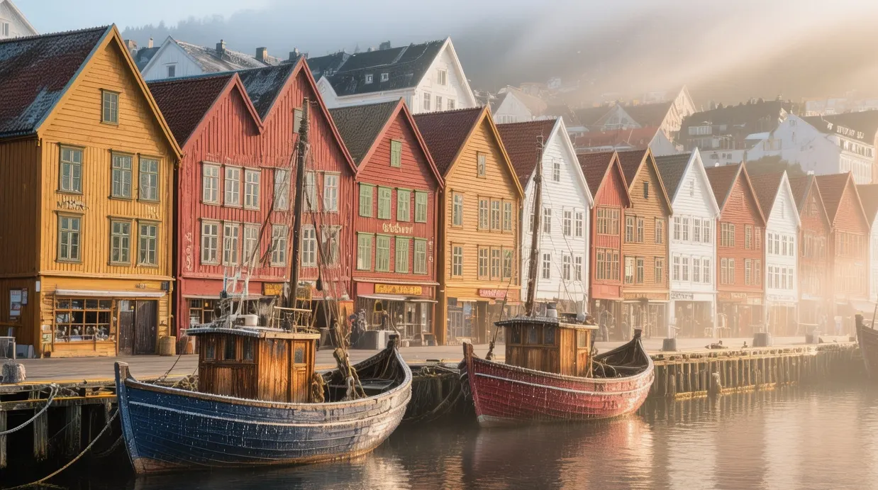 Colorful wooden Hanseatic buildings at Bergen Bryggen wharf, Norway, harbor boats, morning sunlight and mist