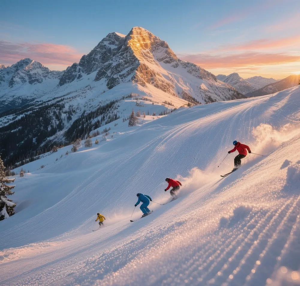 Davos ski slopes at sunrise with groomed pistes, snow-capped Parsenn peak backdrop, skiers descending fresh powder in crisp morning light