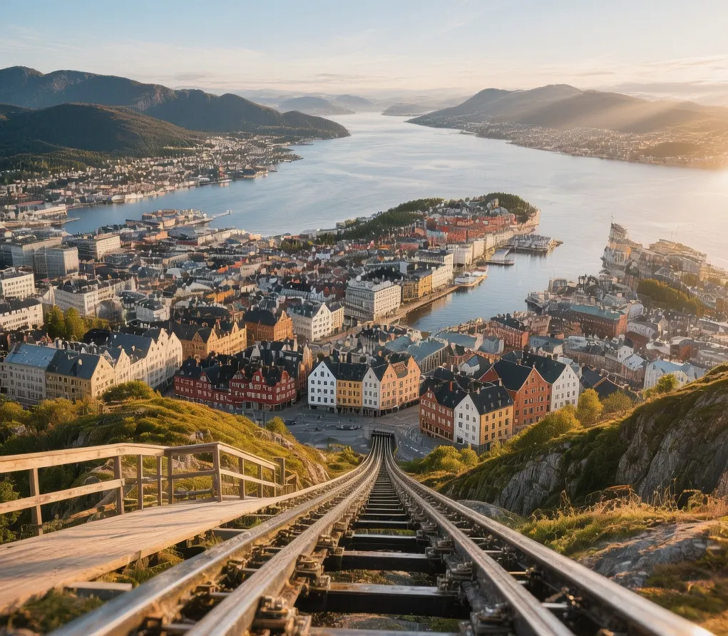 Fløyen mountain summit view over Bergen city, Norway, funicular tracks, morning sunlight and fjord backdrop