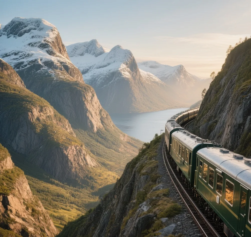 Flåm Railway train winding through steep mountain valley, Norway, snow-capped peaks, Aurlandsfjord backdrop, morning sunlight