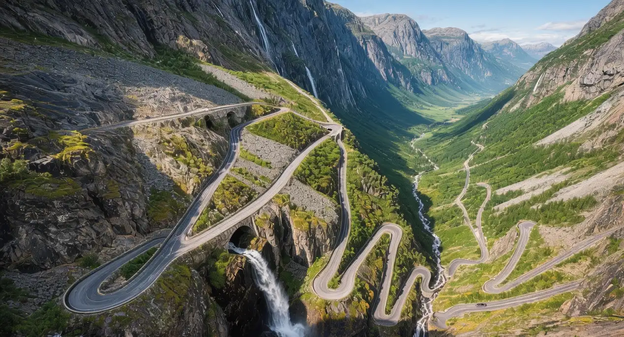 Trollstigen mountain road serpentine hairpins ascending steep cliffs, Norway, dramatic landscape with waterfalls, Møre og Romsdal county summer sunlight
