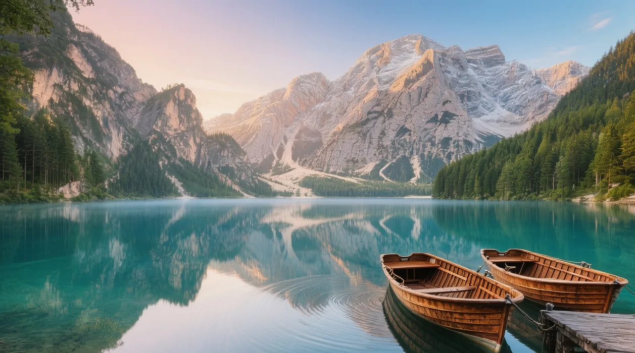 Caumasee turquoise lake at sunrise with pine forest backdrop, wooden rowboats docked, Flims Alps reflection in calm water