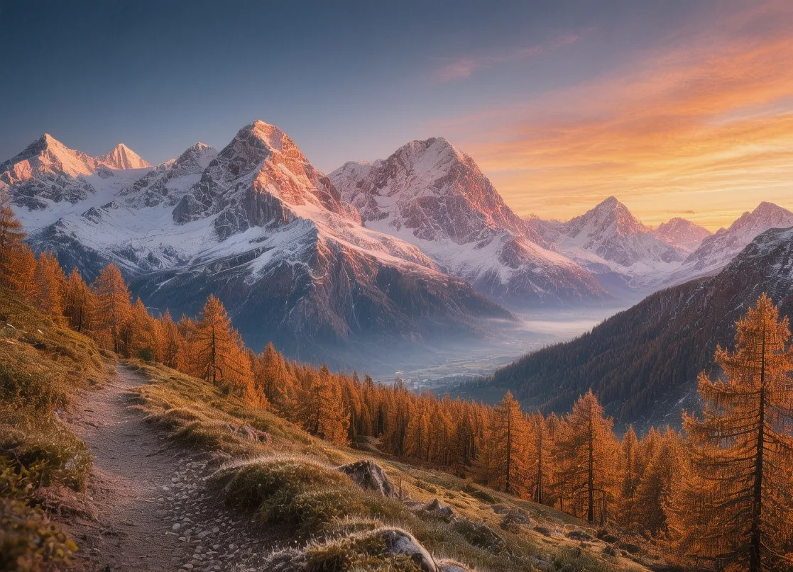 Pontresina hiking trails at sunrise with Engadin Valley, snow-capped peaks, and larch forests in Switzerland
