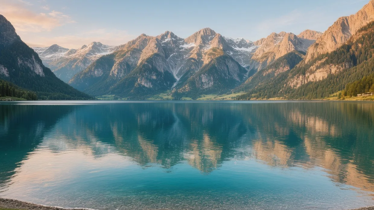 Walensee lake turquoise water at sunrise with Churfirsten peaks, St. Gallen canton morning mist, Swiss Alps reflection