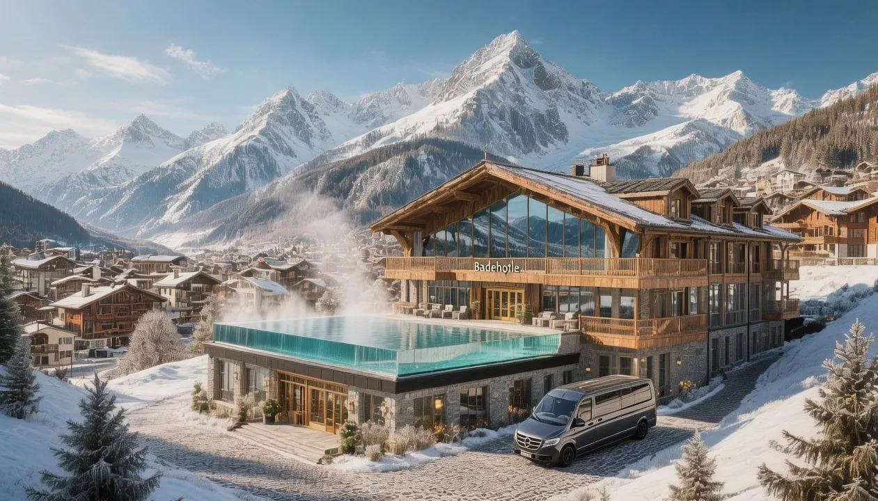 Bogn Engiadina spa outdoor pool at twilight with steam rising, snow-capped Engadin mountains backdrop, warm amber lighting reflecting on turquoise mineral water
