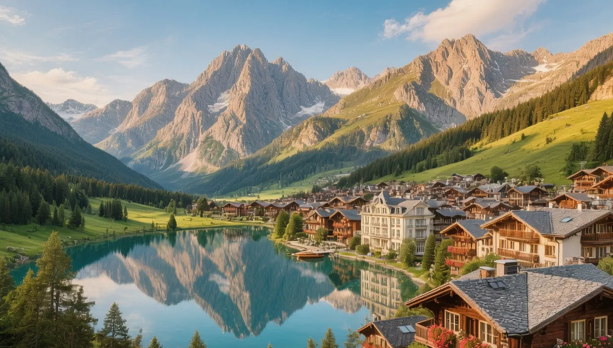 Arosa mountain resort at sunrise with snow-capped Weisshorn peak, wooden chalets glowing in golden light, Schanfigg valley winter atmosphere