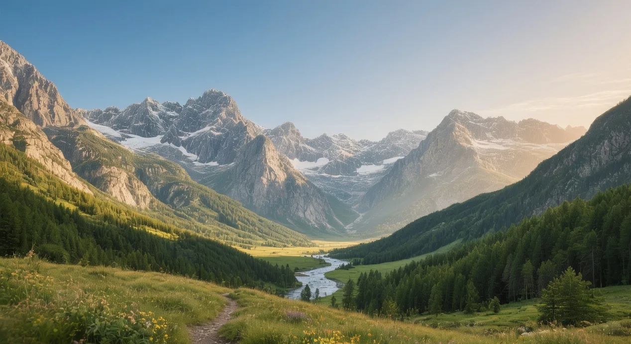 Swiss National Park alpine meadow at dawn with ibex grazing, larch forest backdrop, granite peaks of Piz Quattervals rising in morning mist, Engadin valley