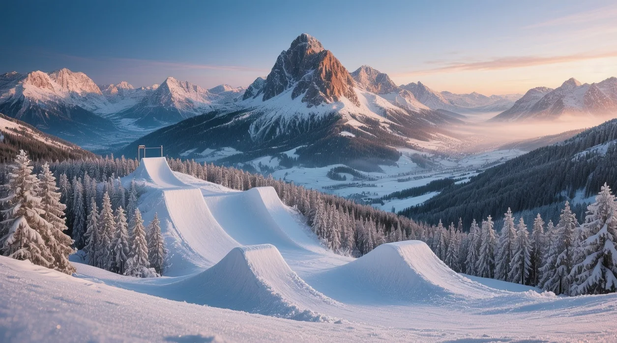 Flims Laax ski area at dawn with Crap Sogn Gion peak, freestyle park jumps, snow-covered pine forests, Graubünden valley morning light