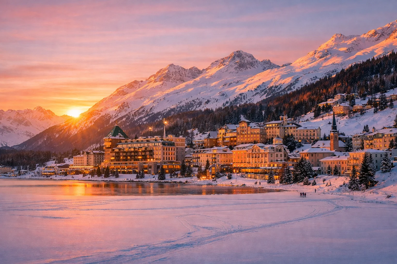 St. Moritz luxury resort at sunrise with snow-covered peaks, frozen lake, and Belle Époque hotels in Switzerland