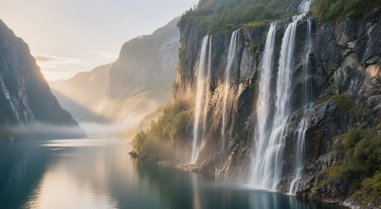Seven Sisters Waterfall cascading down steep cliffs into Geirangerfjord, Norway, morning mist, UNESCO World Heritage site sunlight