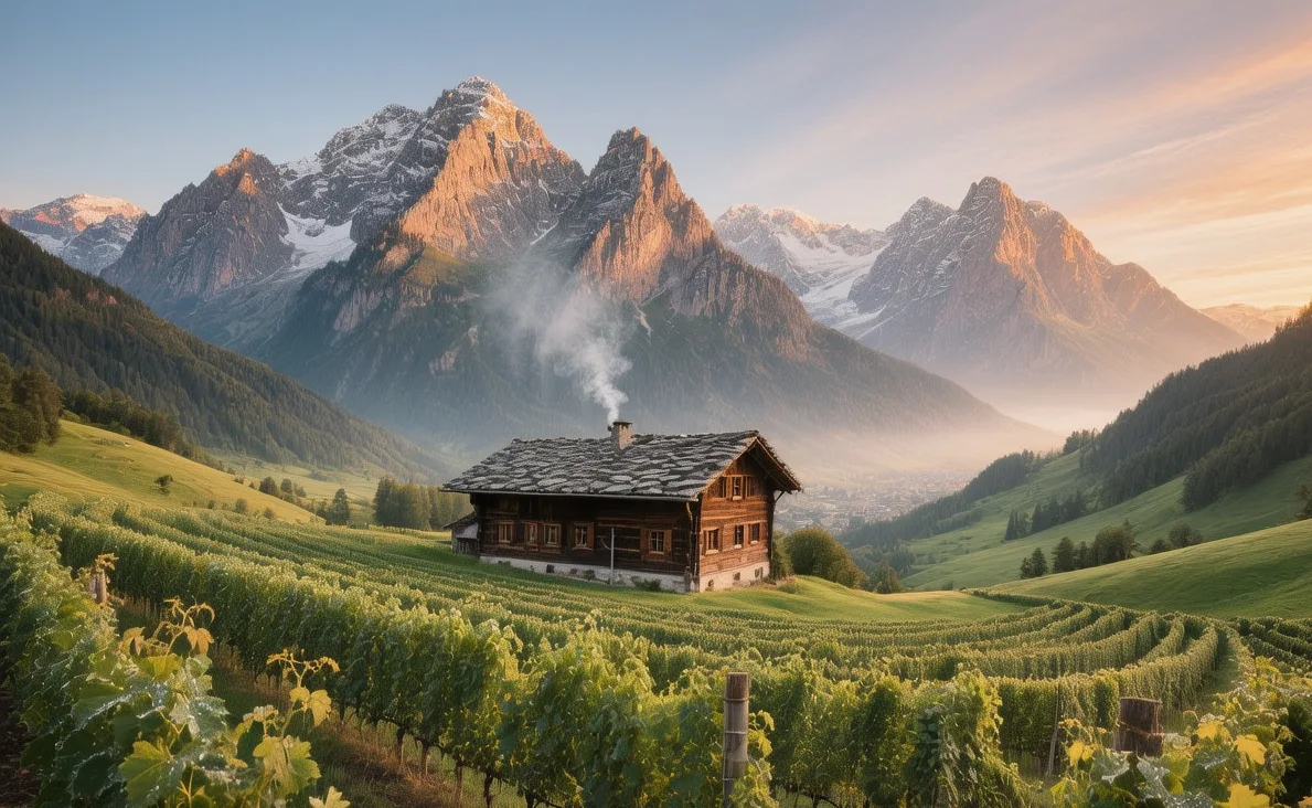 Heidiland region Maienfeld vineyards at sunrise with Alpine peaks, traditional Heidi house, Graubünden valley morning mist and green slopes